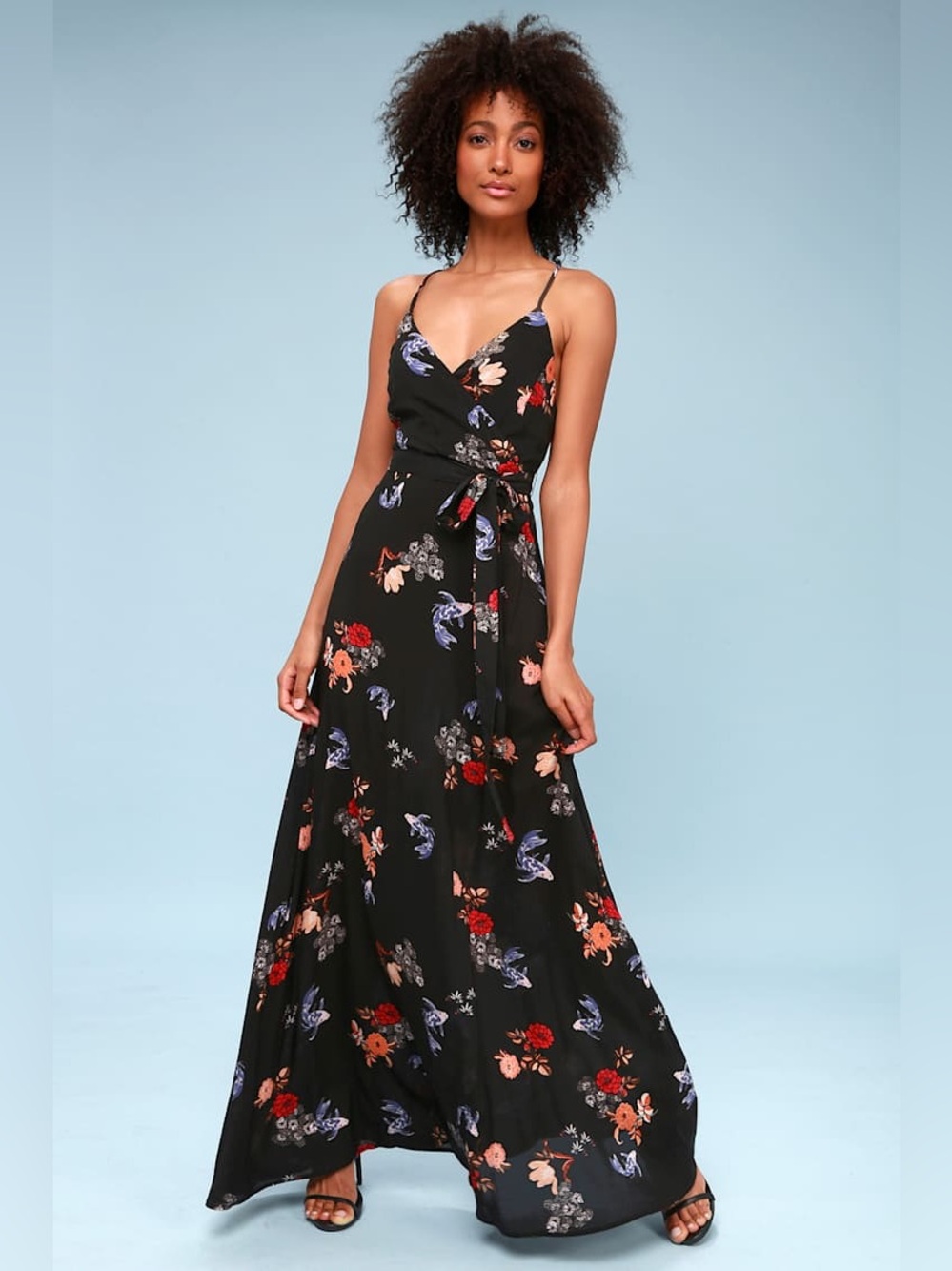 Lulus Play it Koi Black Floral Print Surplice Maxi Dress